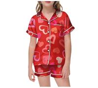 Enfants Pyjamas Ensemble Pyjama Fille Unisexe Confortable et Doux Manches Courte Tops Short Satin De Soie Bouton Courtes imprimé Mignon pour Jeunes