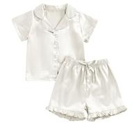Enfants Pyjamas Ensemble Satin Pyjama Loungewear Set Vêtement de Nuit Tops Col Rond+Shorts Imprimé Soie Bouton Vêtements Casual Four Seasons