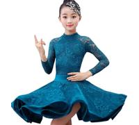 Enfants Robes d'été en dentelle pour filles Robe de danse latine à volants avec motif floral Concours de danse de salon Party Performance sur scène Costume de pratique,Bleu 1,170 cm