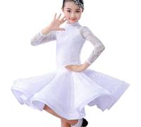 Enfants Robes d'été en dentelle pour filles Robe de danse latine à volants avec motif floral Concours de danse de salon Party Performance sur scène Costume de pratique, blanc 1,130 cm