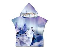 Enfants Serviette de Plage Poncho À Capuchon, Treer 3D Dessin Animé Microfibre Séchage Rapide Sports Bain Robes Peignoir Plage Serviettes de Natation pour Garçon,fille (60 * 60cm,Loup des neiges)