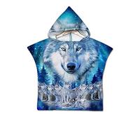 Enfants Serviette de Plage Poncho À Capuchon, Treer 3D Dessin Animé Microfibre Séchage Rapide Sports Bain Robes Peignoir Plage Serviettes de Natation pour Garçon,fille (60 * 60cm,Loup)