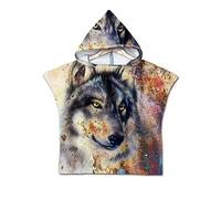 Enfants Serviette de Plage Poncho À Capuchon, Treer 3D Dessin Animé Microfibre Séchage Rapide Sports Bain Robes Peignoir Plage Serviettes de Natation pour Garçon,fille (60 * 60cm,Loup rétro)