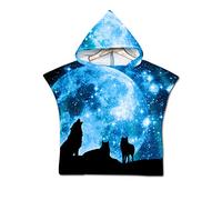 Enfants Serviette de Plage Poncho À Capuchon, Treer 3D Dessin Animé Microfibre Séchage Rapide Sports Bain Robes Peignoir Plage Serviettes de Natation pour Garçon,fille (60 * 60cm,Loup de galaxie)