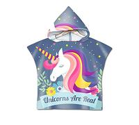 Enfants Serviette de Plage Poncho À Capuchon, Treer 3D Dessin Animé Microfibre Séchage Rapide Sports Bain Robes Peignoir Plage Serviettes de Natation pour Garçon,fille (60 * 60cm,Licorne bleu foncé)