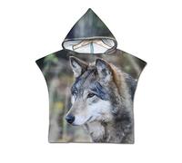 Enfants Serviette de Plage Poncho À Capuchon, Treer 3D Dessin Animé Microfibre Séchage Rapide Sports Bain Robes Peignoir Plage Serviettes de Natation pour Garçon,fille (60 * 60cm,Loup triste)