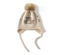 Enfants Tricoté Bonnet Cache-Oreilles 100% Cachemire pour Automne Hiver, Bonnet à Pompon en Tricot Doux et Chaud pour Garçons Filles de 3 à 8 Ans, Joli Chapeaux Oreillette pour Ski Sport Bear-Beige