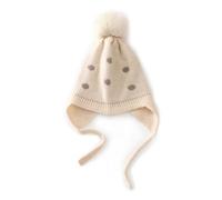 Enfants Tricoté Bonnet Cache-Oreilles 100% Cachemire pour Automne Hiver, Bonnet à Pompon en Tricot Doux et Chaud pour Garçons Filles de 3 à 8 Ans, Joli Chapeaux Oreillette pour Ski Sport Dots-Beige