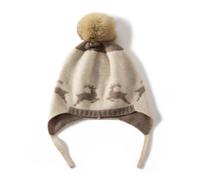 Enfants Tricoté Bonnet Cache-Oreilles 100% Cachemire pour Automne Hiver, Bonnet à Pompon en Tricot Doux et Chaud pour Garçons Filles de 3 à 8 Ans, Joli Chapeaux Oreillette pour Ski Sport Elk-Beige