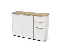 Demeyere Buffet Moderne 3 Portes & 2 Tiroirs - Style Scandinave - Coloris Blanc Mat & Chêne Hamilton - 121,5 x 39,6 x 85,6 cm