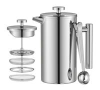 Enfmay Cafetière à Piston, French Press 1L avec Filtre 4 Couches et Cuillère, Presse Française à Café, Isolée en Acier Inoxydable, Amovible, Facile à Nettoyer, Argenté