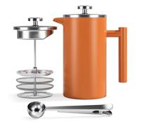 Enfmay Cafetière à Piston, French Press Isotherme 1L avec Système de Filtration 4 Couches, Cafetière Française Isolée Double Paroi en Acier Inox pour Maison, Voyages et Camping, avec Cuillère, Orange