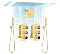 ENGA Ensemble de robinet de douche à DEL de 35,6 x 50,8 cm avec pommeaux de douche de 15,2 cm, double icône lumineuse, peut utiliser toutes les fonctions à la fois, or brossé