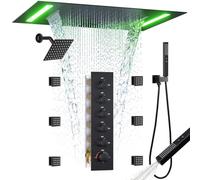 Enga Système de douche au plafond à DEL de 35,6 x 50,8 cm, pomme de douche cascade à effet pluie avec tête de 15,2 cm, 6 jets de corps, poignée 2 en 1, ensemble de robinet de douche thermostatique