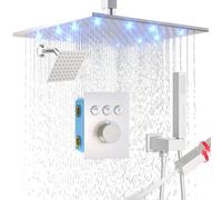 Enga Système de douche thermostatique à double tête, pommeau de douche LED de 30,5 cm avec pommeau de douche mural de 15,2 cm, robinet de douche inverseur à bouton poussoir avec poignée 2 en 1, nickel