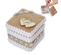 Engagement Ring Boxes for Proposal, Wedding Ceremony Holder, Lin and Satin with Rhinestone, Rustic Exquisite Portable Case for Friends, Family, Holidays and Lovers, 5.7x5.7x5cm