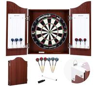 Engelhart - 065017 - Cabinet Armoire Murale de Fléchettes en Bois Chêne Foncé + Cible en Sisal Professionnelle + 6 Fléchettes 18g + Tableau de Scores Effaçable- Jeux Complet