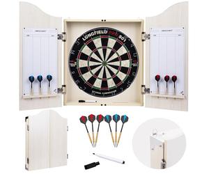 Engelhart - 065018 - Cabinet Armoire de Fléchettes en Bois Chêne Clair + Cible en Sisal Professionnelle + 6 Fléchettes 18g + Tableau de Scores Effaçable - Jeu Complet - Cible Officielle