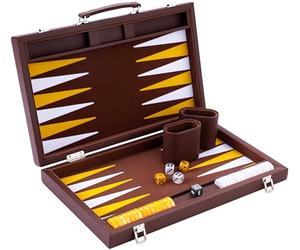 Engelhart - 250520 - Backgammon de Luxe 15 Pouces - 38 cm - Matériaux Haut de Gamme - Simili Cuir, Incrustation de Feutre Spécial - Dés et Jetons Nacrés + 2 Gobelets - Jeu Pro. et Loisirs (Marron)
