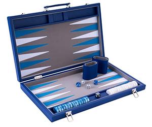 Engelhart - 250526 - Grand Backgammon 18 Pouces de Luxe (45,5 cm) - Bleu - Feutre Haute Qualité - Dés et Pions Nacrés - Valise Mousse et Simili Cuir - Jeu de Backgammon - 2 joueurs - A partir de 6 ans