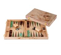Engelhart-250550 - Backgammon en Bois 15 Pouces (38 cm) Valise Luxe en Bois de Ronce Incrustation en Noyer - Ouvert 48 × 38 cm - Pions Vert/Brun - Dés et Gobelets - Jeu de Société Classique