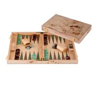 Engelhart-250551 - Backgammon en Bois 18 Pouces (45.5 cm) Valise Luxe en Bois de Ronce Incrustation en Noyer - Ouvert 52 × 45,5 cm - Pions Vert/Brun - Dés et Gobelets - Jeu de Société Traditionnel