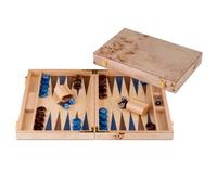 Engelhart-250553 - Backgammon en Bois 18 Pouces (45.5 cm) - Valise Luxe en Bois de Ronce Incrustation en Noyer - Ouvert 52 × 45,5 cm - Pions Bleu/Brun - Dés et gobelets - Jeu de Société Strategie