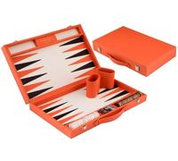 Engelhart-250565 - Backgammon 18 Pouces (46.7 cm) Mallette Luxe en Similicuir Orange - Plateau Marqueté - Ouvert 56,4 × 46,7 cm - Pions Noir/Orange - Dés et Gobelets - Jeu de Société