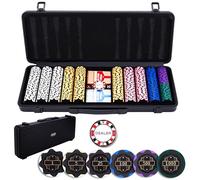 Engelhart - 320961 - Set Poker Complet - Mallette de Poker en Metal Noire - 500 jetons 14g numérotés (1 à 1000) + 2 Jeux de Cartes, 1 Bouton de Croupier, 5 dés - Coffret de jeu de Poker et Accessoires