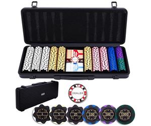 Engelhart - 320961 - Set Poker Complet - Mallette de Poker en Metal Noire - 500 jetons 14g numérotés (1 à 1000) + 2 Jeux de Cartes, 1 Bouton de Croupier, 5 dés - Coffret de jeu de Poker et Accessoires