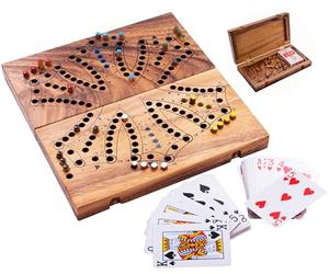 Engelhart - 350260 - Jeu de Tock en Bois - 6 Joueurs - Coffret en Bois Écologique - Jeu de Société Traditionnel Canadien - Parcours avec Cartes - 2 à 6 Joueurs