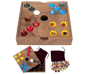 Engelhart-350443 - Le Trou du Cochon/Pierres - Jeu de Société Stratégique Compétitif - Coffret Bois de Noyer 18,3 × 18,3 × 4 cm - 60 Pierres Semi-Précieuses, Dés et Sac - Jeu Ludique Familial