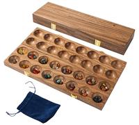 Engelhart-350600 - Mancala Double de Luxe Pliant - 75 Pierres Semi-precieuses - Jeu de Société Africain Traditionnel - Bois de Noyer - 44 × 25 × 2,5 cm - Règles du Jeu Incluses