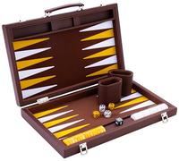 Engelhart - Backgammon de Luxe 38 cm -matériaux Haute qualité -Simili Cuir, Incrustation de Feutre spécial - dés et jeton nacrés + 2 gobelets - Pro. et Loisirs (Marron)