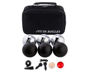 Engelhart Boules de Pétanque 6 Boules Métal 74 mm 720 g - 3 Noires et 3 Chromées avec Sac Nylon, Cochonnet, Cordon de Mesure et Ramasse-Boule Magnétique - Kit Extérieur Adulte - 010207