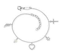 Engelsrufer Bracelet pour femme en argent sterling avec zircone, perle et pendentifs - Croix cœur ailes d'ange - Fermoir mousqueton - Longueur réglable - Sans nickel, 17+3cm, Argent sterling, Oxyde de