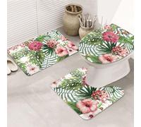 ENGhjes Ensemble de tapis de salle de bain antidérapants avec impression de feuilles tropicales, tapis pour salle de bain principale, tapis doux absorbant l'eau, tapis de trois formes
