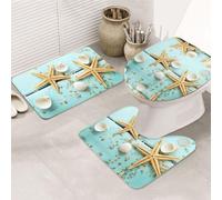 ENGhjes Ensemble de tapis de salle de bain antidérapants pour salle de bain principale, motifs étoiles de mer, coquillages, bois bleu, sur fond de plage, tapis absorbants d'eau, trois formes