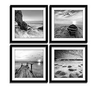 ENGLANT - Lot de 4 panneaux Impression sur toile encadrée pour paysage marin, plage et bateau, lever du soleil, impression giclée en noir et blanc, art mural prêt à être accroché