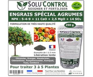 Engrais Spécial Agrumes 250 g - SoluControl - Formulation haute qualité Organo-Minerale - Citronnier, Oranger, Mandarinier, Clémentinier, Pamplemoussier, Kumquat, Yuzu, Combava ...