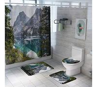 Enhome 4 Pcs Ensemble Rideau de Douche Salle de Bain Tapis Contour WC Tapis de Bain Antidérapant Couvre Couverture de Toilette Siège - Impression de paysages naturels (Courant)