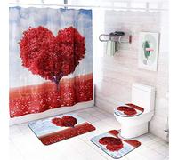 Enhome 4 Pcs Ensemble Rideau de Douche Salle de Bain Tapis Contour WC Tapis de Bain Antidérapant Couvre Couverture de Toilette Siège - Imprimé Floral (Arbre d'amour)