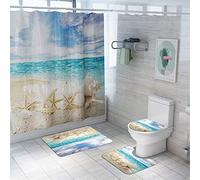 Enhome 4 Pcs Ensemble Rideau de Douche Salle de Bain Tapis Contour WC Tapis de Bain Antidérapant Couvre Couverture de Toilette Siège - Monde des Fonds Marins (Étoile de mer c)