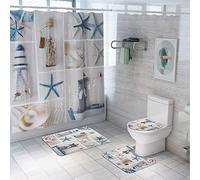 Enhome 4 Pcs Ensemble Rideau de Douche Salle de Bain Tapis Contour WC Tapis de Bain Antidérapant Couvre Couverture de Toilette Siège - Monde des Fonds Marins (Étoile de mer b)