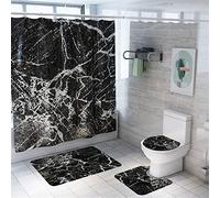 Enhome 4 Pcs Ensemble Rideau de Douche Salle de Bain Tapis Contour WC Tapis de Bain Antidérapant Couvre Couverture de Toilette Siège - Marbre Imprimé (Noir)