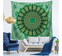 Enhome Grande Taille Psychédélique Mandala Boho Style Indien Tapisserie Murales Tapestry, Décoration Tenture Couverture Nappe Serviette de Plage Yoga (Plume de Paon Vert,90 * 75cm)