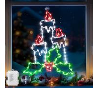Enhon Lot de 1 silhouette de fenêtre de Noël, bougies lumineuses à piles avec houx et baie, 8 modes d'éclairage de silhouette de Noël avec minuterie, pour décoration intérieure et extérieure