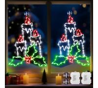 Enhon Lot de 2 silhouettes lumineuses de Noël à piles avec houx et baie, 8 modes d'éclairage de silhouette de Noël avec minuterie, pour Noël, intérieur et extérieur, décoration murale et porte