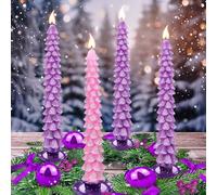 Enhon Lot de 4 bougies de l'Avent en forme d'arbre de 25,4 cm en cire d'abeille non parfumée pour Noël, vacances, église, fête ou décoration d'intérieur (bord argenté, violet, rose)