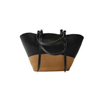 ENHVNYZA Sac De Plage Fourre-Tout À Paille Tissé pour Les Femmes - D'été avec Grande Capacité, Panier Vacances-Kaki Noir-Ouvrir